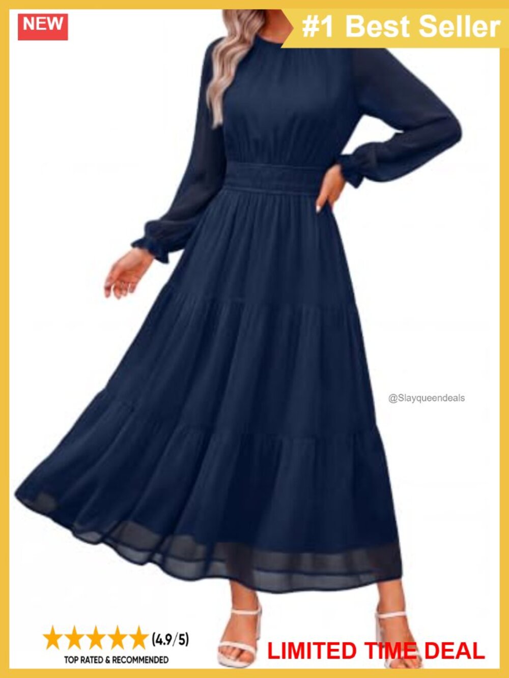 Chiffon Maxi Dress Long Sleeve Ruffle Tiered Wedding Guest